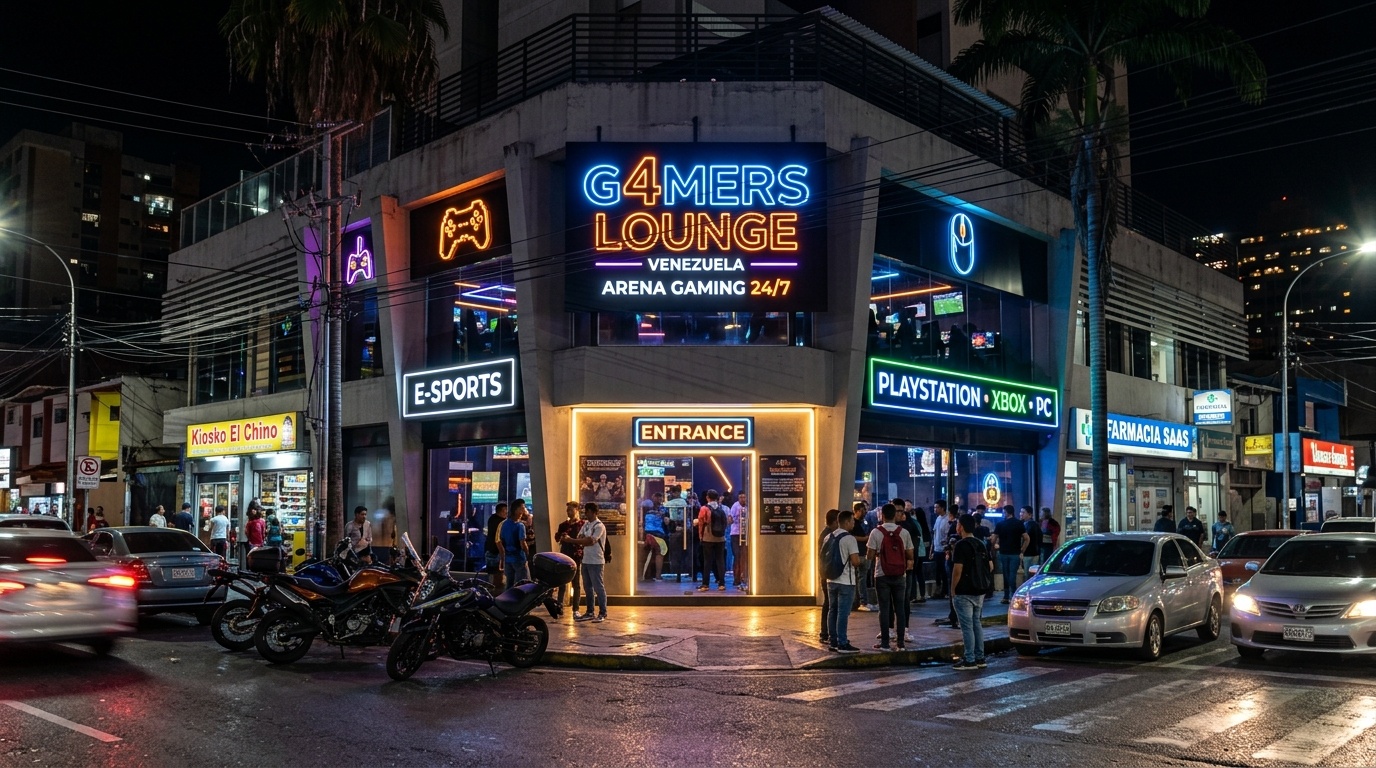 Fachada exterior gaming cafe nocturno Venezuela