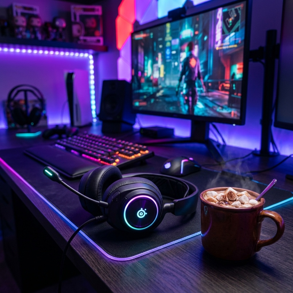 Headset gaming con chocolate caliente