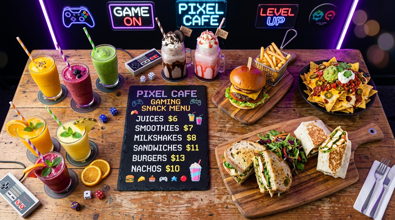 Menú comida bebidas gaming cafe Venezuela